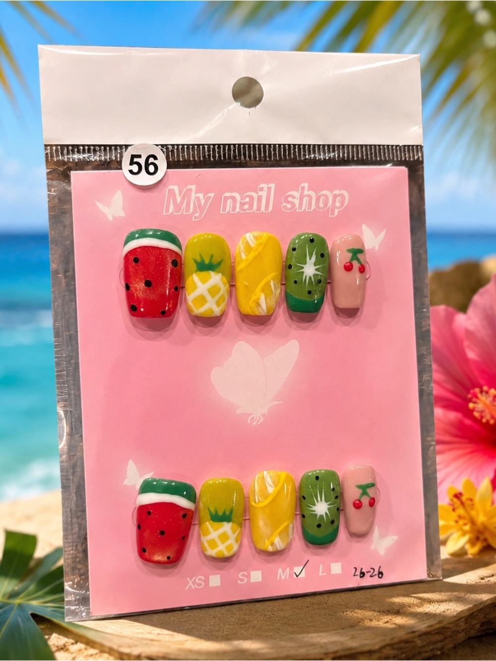 🍉🍍 Handmade Tropical Fruit Press-On Nails – Size Medium – Coffin Shape 🍒🥝